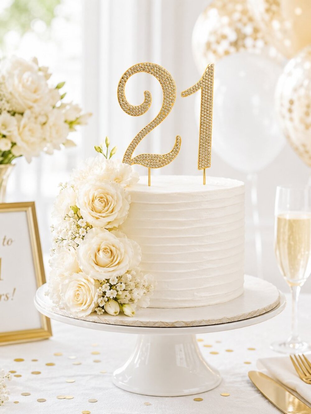 Rhinestone Cake Topper - Number 21 - Gold Metal with Czech Rhinestones